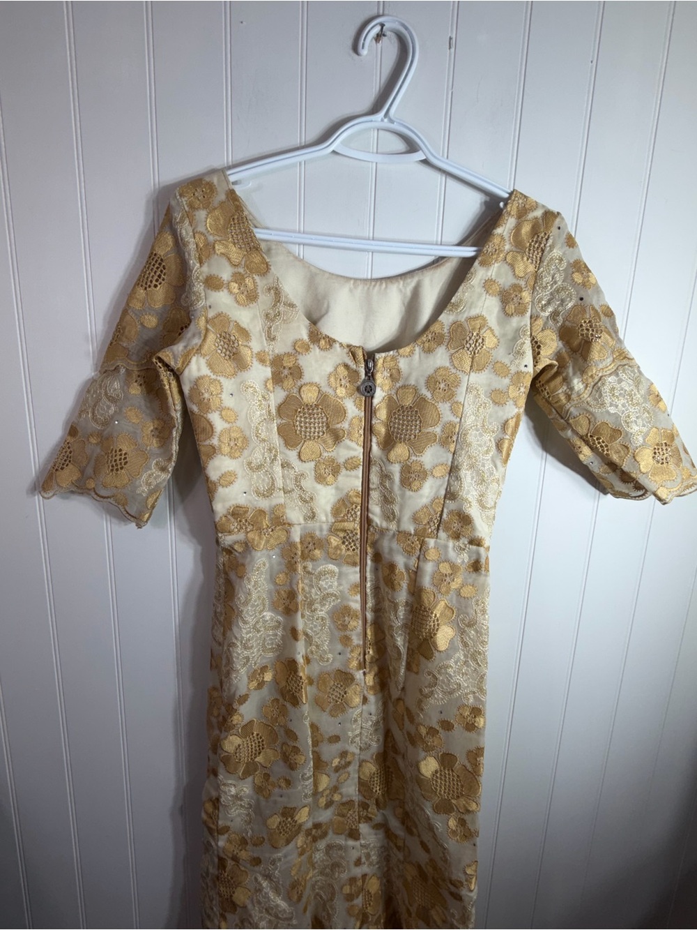 Vintage Gold Floral Embroidered Mermaid Maxi Dress Formal Gown Small Boho Glam - Picture 7 of 10
